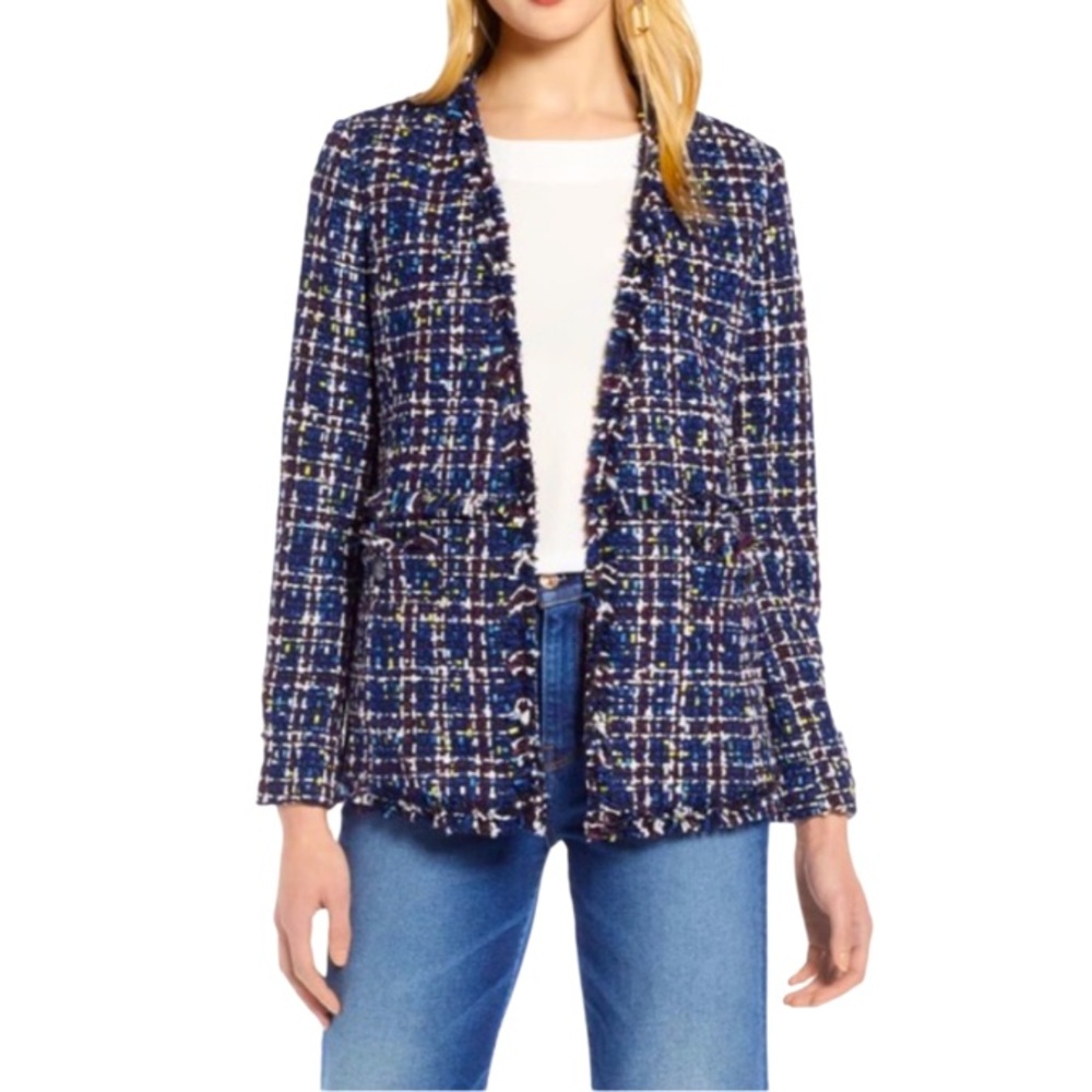 HALOGEN Tweed Blue Navy Textured Fringe Casual Blazer Jacket Button Pockets XS